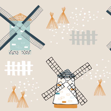 Seamless pattern wiht windmill. Vector design for paper, cover, fabric, interior decor.のイラスト素材