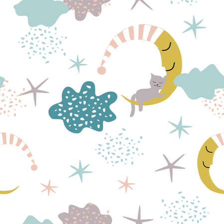 Seamless childish pattern with starry sky, moon. Creative kids texture for fabric, wrapping, textile, wallpaper, apparel. vector illustration.のイラスト素材