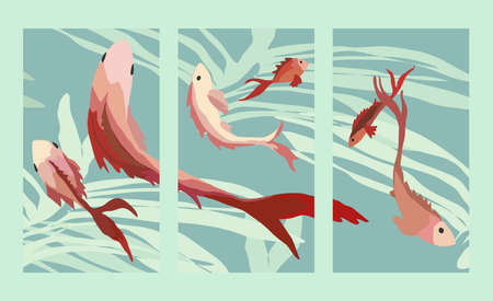 Set of contemporary art prints with abstract fish.のイラスト素材