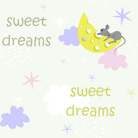 Seamless childish pattern with starry sky, moon, cat and mouses. Creative kids texture for fabric, wrapping, textile, wallpaper, apparel. vector illustration.のイラスト素材