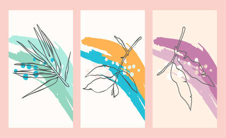 Set of contemporary art prints with abstract leaves. Modern vector design.のイラスト素材