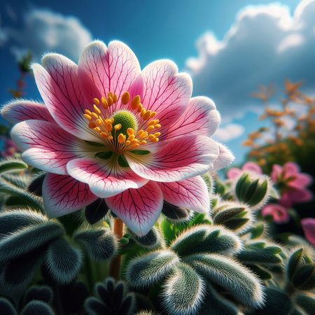 Beautiful pink anemone flower on the background of blue skyの素材