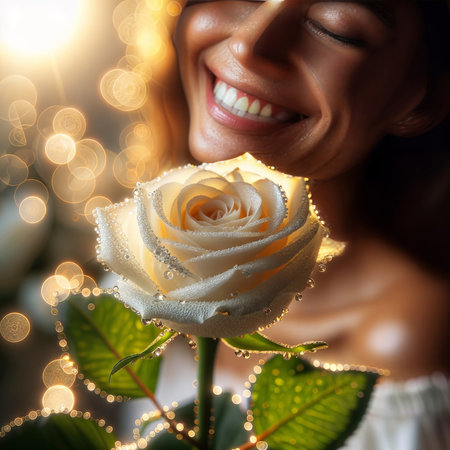 close up of smiling woman with white rose on bokeh background.の素材