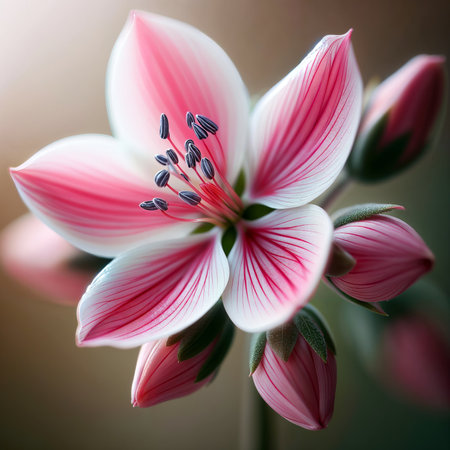 Beautiful pink and white flower. Macro photo with shallow depth of field.の素材