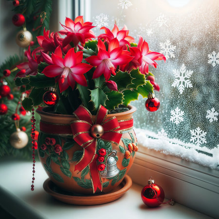 Christmas bouquet of flowers in a vase on the windowsillの素材