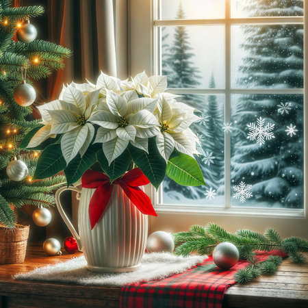White poinsettia in vase with red bow and Christmas decorations on windowsill. Christmas interior.の素材