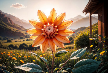 Orange dahlia flower in the meadow with mountain background.の素材