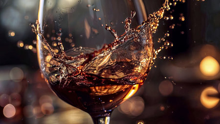 red wine splashing out of a glass on bokeh backgroundの素材