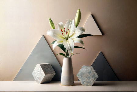 Vase with beautiful lily flowers on table near color wall. Interior designの素材