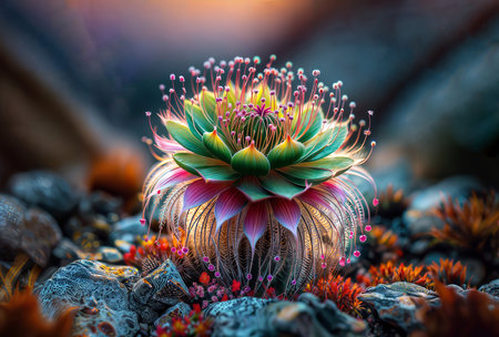 3D illustration of a cactus with a lot of colorful flowersの素材