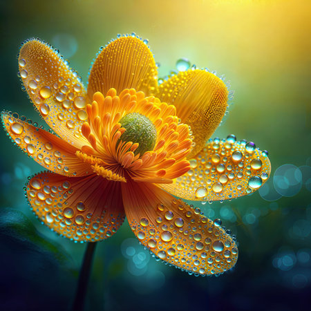 Beautiful yellow flower with dew drops on the petals.の素材