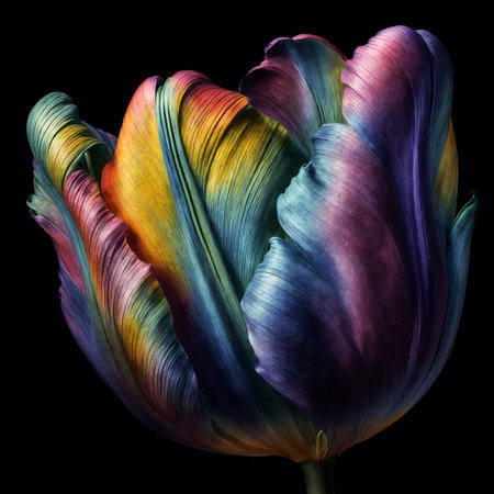 Colorful tulip flower isolated on black background. Close up.の素材