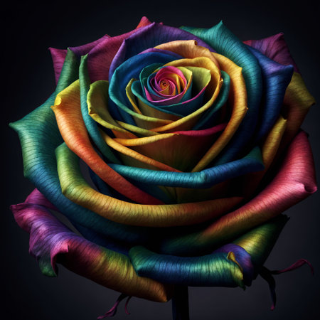 beautiful multicolored rose on a black background close-upの素材