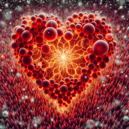 Heart shape made of red spheres. 3D rendering.の素材