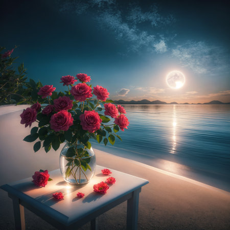 Roses in vase on the beach at night with full moonの素材
