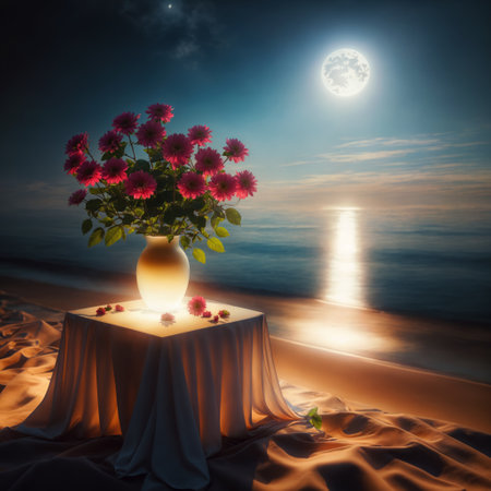 Vase with flowers on the table on the beach in full moon lightの素材