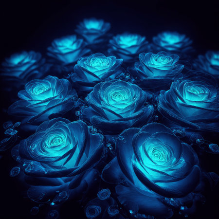 Blue roses on black background. Floral background. Toned.の素材