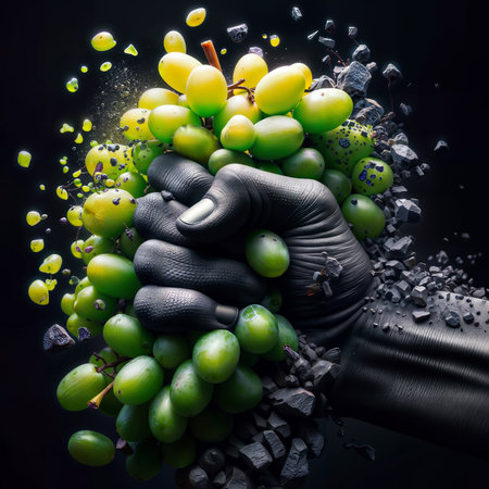 Hand in black glove holding a bunch of green grapes with splashes on black backgroundの素材