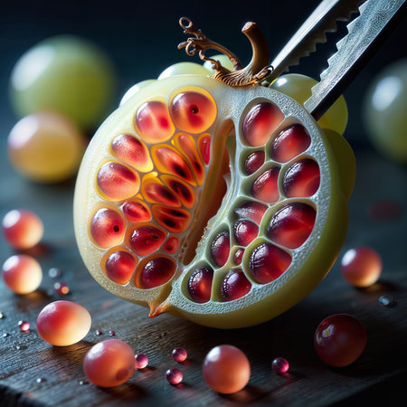Pomegranate fruit with pomegranate seeds on wooden backgroundの素材