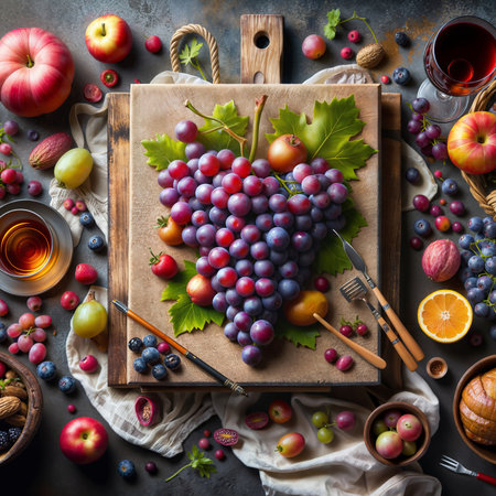 Healthy food and drink concept. Assortment of fresh fruits and berries on rustic background, top viewの素材