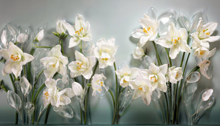 Bouquet of white daffodils in transparent vaseの素材
