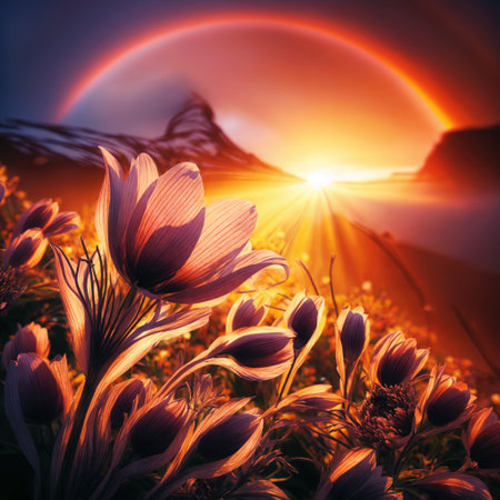 Beautiful spring landscape. Flowers on a background of the setting sunの素材