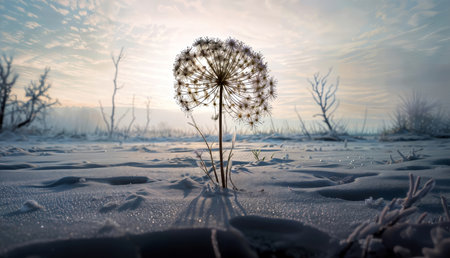 Dandelion in the snow at sunset. Beautiful winter landscape.の素材