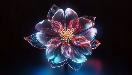 3d illustration of a beautiful flower in neon light on a black backgroundの素材