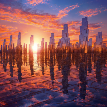 Futuristic city at sunset with reflection in the water. 3d renderの素材