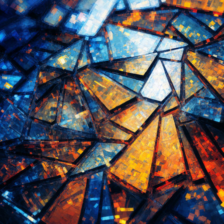 Abstract background with blue and orange mosaic stained glass. Computer generated illustration.の素材