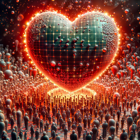 Digital illustration of an abstract heart with many people around. 3D renderingの素材