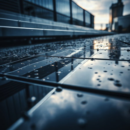 Close-up of solar panels, low angle view. Selective focus.の素材