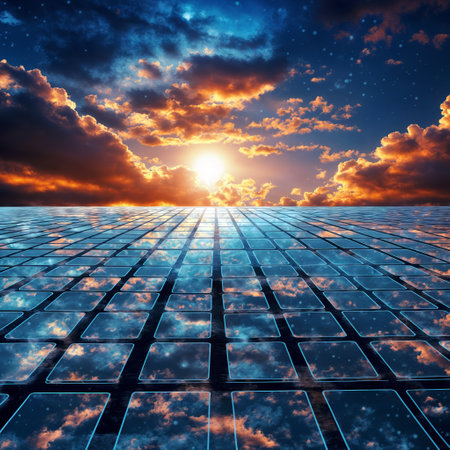 Solar panels against the sky with clouds. 3d render illustration.の素材