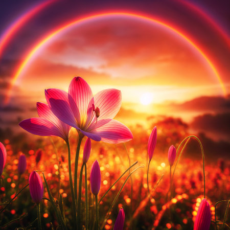 Rainbow over the meadow with pink crocus flowers, sunset