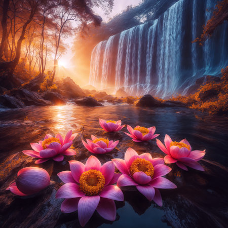 Water lily flower and waterfall in the morning, nature background.の素材