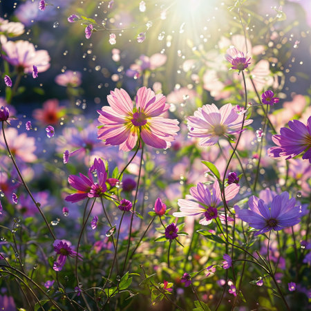 Cosmos flowers blooming in the garden with sunlight and bokehの素材