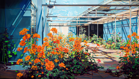 Flowers in a greenhouse in the city. 3d rendering.の素材