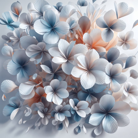 The image features a white surface with a bouquet of folded paper flowers in shades of blue, red, and orange. The flowers are arranged in a 3D design and fill the entire image.の素材