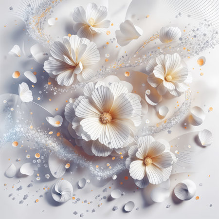 The image features a white flower on a light gray background. The flowers have an orange center and are surrounded by light orange and gray lines. There are also white and orange dots scattered around the flowers.の素材