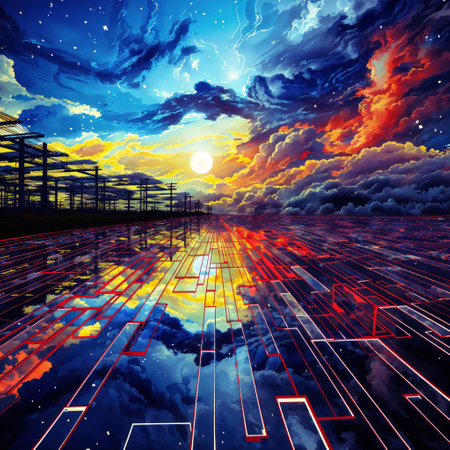 Futuristic city on the background of the night sky with cloudsの素材