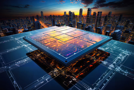 Solar panels on the background of the modern city. 3d renderingの素材