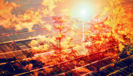 Solar panels and sun in the blue sky. Solar energy concept.の素材