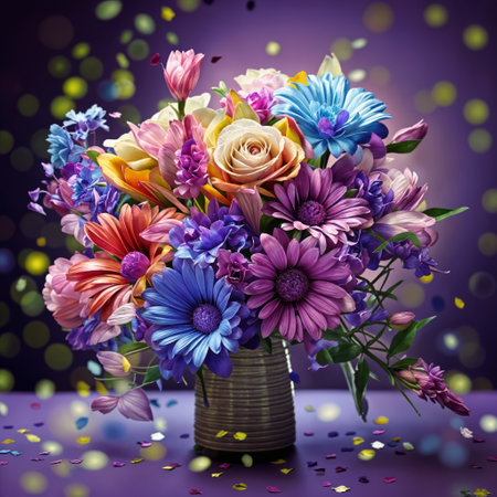 Confetti Blossoms: A stunning vase filled with colorful flowers against a purple background, confetti gently falling. Bring celebration to your designs!の素材