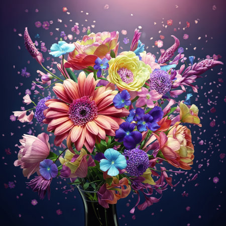 Whimsical Bloom: Colorful flowers in a vase, petals swirling against a purple backdrop. A dynamic image to infuse energy and vibrancy into your creative projects.の素材