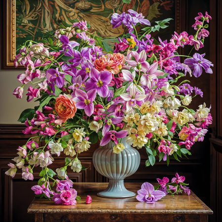 Tabletop Blooms: Vase full of colorful flowers on a wooden table. A simple yet elegant image for a variety of projects.の素材