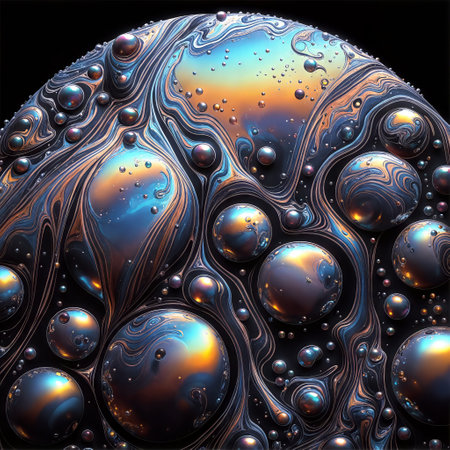 The image is a detailed view of soap bubbles, showing their iridescent surfaces. The background is black, and the bubbles are arranged in a sphere shape.の素材
