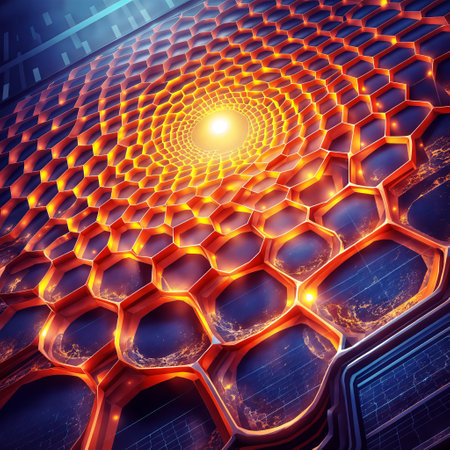The image features a close-up of a honeycomb structure with an orange glow. The hexagonal cells appear to be made of carbon atoms, and there is a bright center cell surrounded by a ring of orange cells. The background is blue, and there are dark blue accents on the right side.の素材