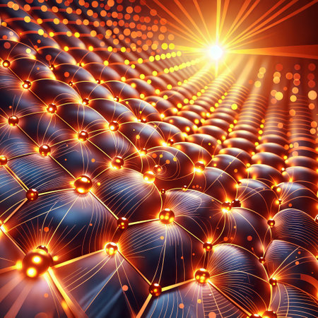 The image depicts a close-up view of a mesh of orange and purple spheres connected by orange lines. The background shows a glowing orange light that illuminates the scene.の素材