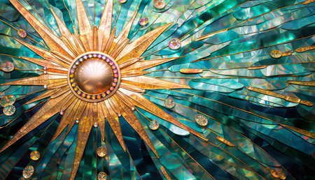 Beautiful stained glass window in the form of a circle with multicolored crystalsの素材