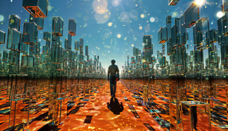 Businessman standing in front of a futuristic city. 3D renderingの素材